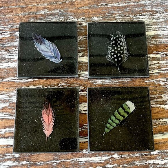 Feather Glitter Resin Drink Coasters Set of 4 House Housewarming Gift Kitchen Ta - Picture 1 of 7